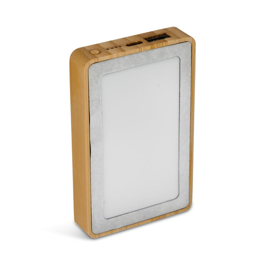 A rectangular power bank with a bamboo exterior and a white panel on the front, featuring USB ports and a logo.