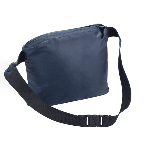 A lightweight navy rain jacket with a black adjustable strap and logo. Suitable for various weather conditions.
