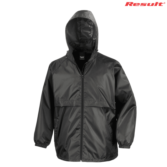 A black lightweight rain jacket featuring a hood and elasticated cuffs, with a logo on the top right.