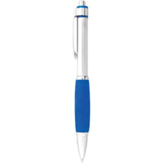 A metal pen with a blue grip and silver barrel, featuring a clip and a logo.