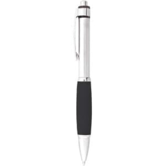 A metal pen featuring a silver barrel and a black rubber grip. It includes a clip and a logo on the barrel.