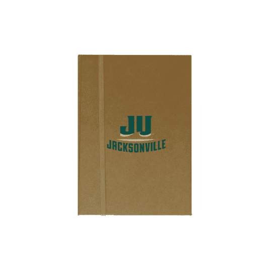 A beige A5 notepad with a logo on the cover and an elastic band closure.