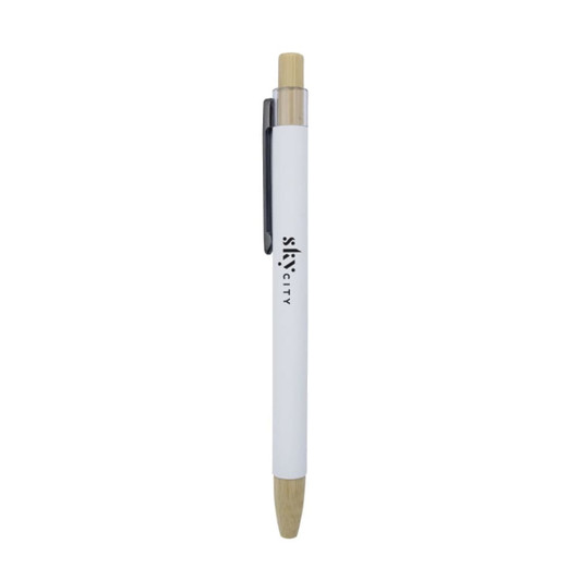 Abele Bamboo Click Pen in white with a bamboo tip and clip, featuring a logo.
