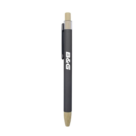 Abele Bamboo Click Pen featuring a grey barrel and bamboo accents, with a logo on the side.