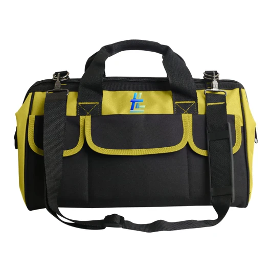 A black and yellow tool bag featuring a logo, adjustable shoulder strap, and multiple pockets for storage.