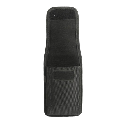 A black phone pouch with a belt clip, featuring a textured surface and a separate pocket.