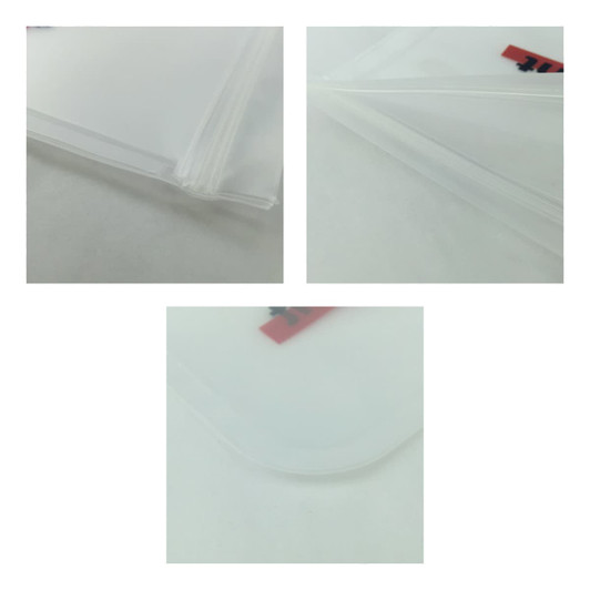 A large transparent storage bag with smooth edges, showcasing multiple angles of its clear design.