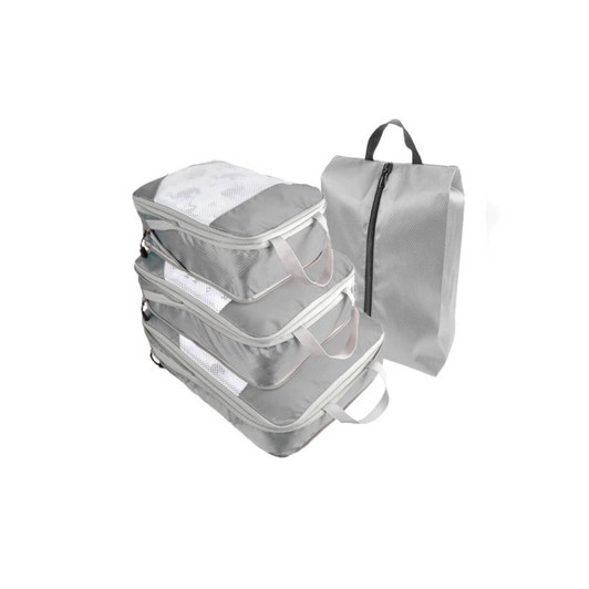 A set of grey travel packing cubes in various sizes, with a matching grey storage bag, featuring mesh panels and handles.