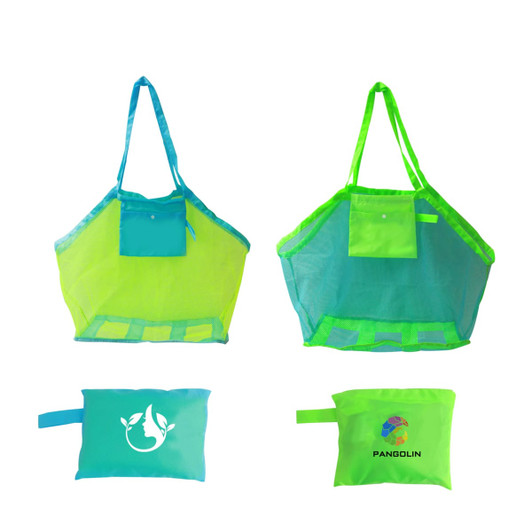 A mesh beach toy bag in bright blue and neon green, featuring a pocket and a logo on one side.