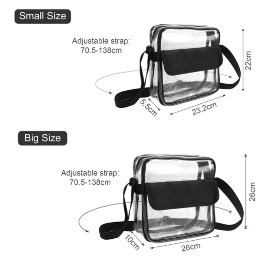 Clear shoulder crossbody bag with adjustable black strap. Available in two sizes, showcasing transparent material.