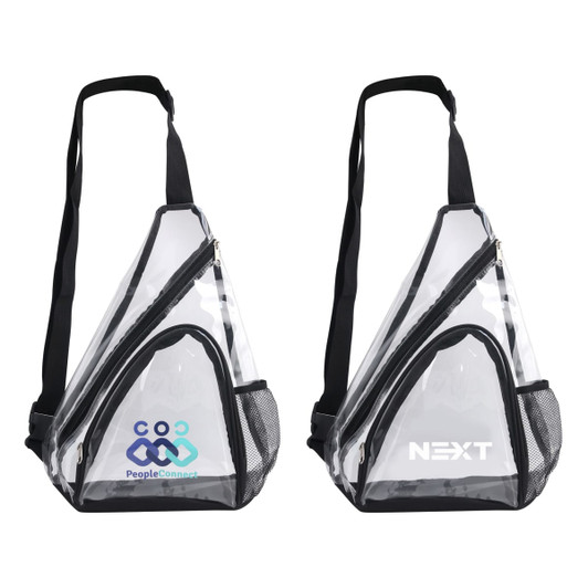 A clear PVC sling bag with black accents and mesh detailing, featuring two different logos on either side.