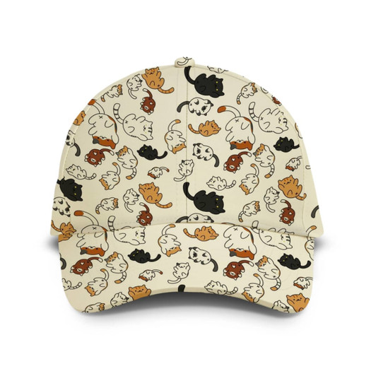 A cap featuring a playful pattern of various cats in cream, orange, and black tones. It has a logo on the front.