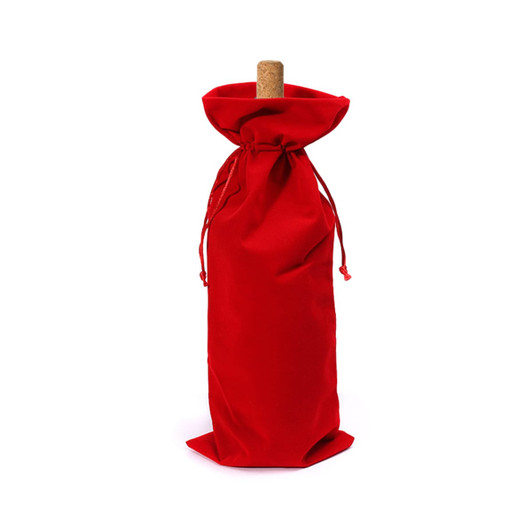 A drink bottle bag in bright red flannel with a drawstring closure and a cork top. It features a logo.
