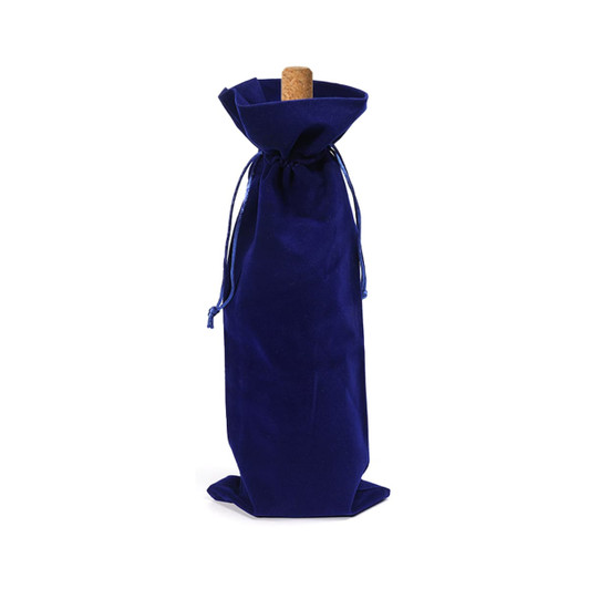 A drink bottle bag in dark blue flannel with a drawstring closure and cork detailing. It features a logo.
