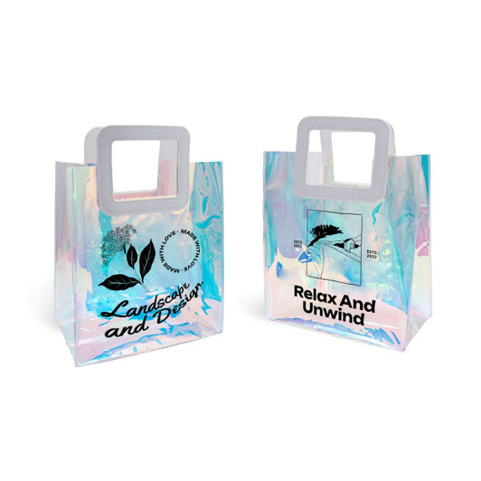 An iridescent rainbow PVC bag with a clear handle, featuring botanical designs and an abstract blue background.