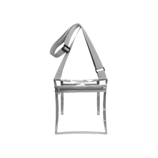 A clear PVC crossbody bag in transparent and grey, featuring an inner pouch and an adjustable strap.