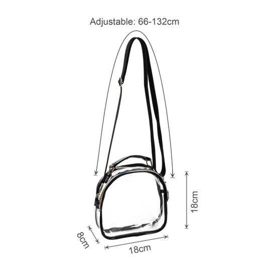 A clear PVC waterproof crossbody bag with black straps, featuring adjustable sizing and a zip closure.