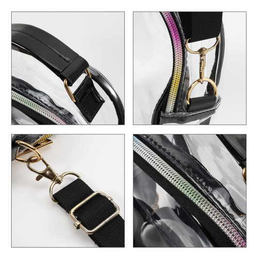 A clear PVC waterproof crossbody bag with black straps and gold hardware, featuring zippers and attachments.