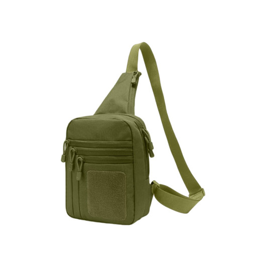 A tactical sling bag in olive green, featuring multiple zippered compartments and an adjustable strap.