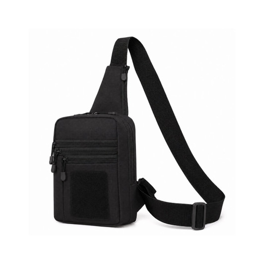 A black tactical sling bag with multiple zippered compartments and an adjustable strap. Features a patch area.