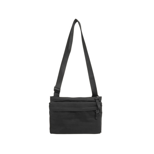 A lightweight black crossbody bag with an adjustable strap and multiple zippered compartments. It features a logo.