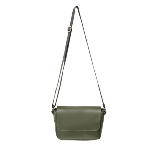 A green polyurethane shoulder bag with a long adjustable strap and a front flap. It features a logo on the front.