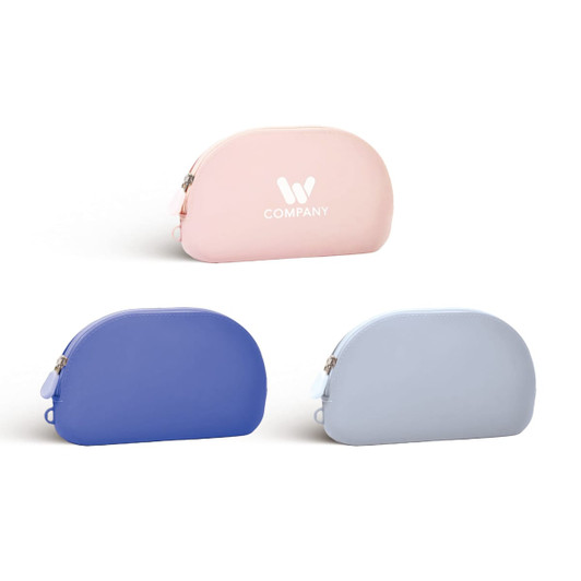 A pink, blue, and light blue silicone organiser pouch with a logo on the pink variant.