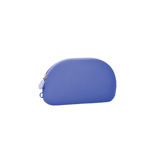 A silicone organiser pouch in a vibrant light blue colour with a zip closure and a small loop for attachment.