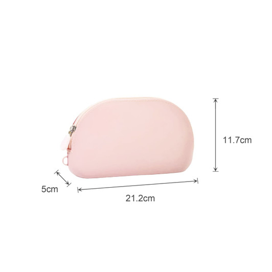 A pink silicone organiser pouch with a rounded shape, featuring dimensions of 21.2cm x 11.7cm x 5cm.