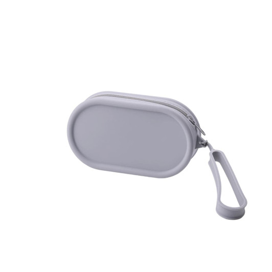 A round grey silicone storage bag with a zip closure and a wrist strap. It features a logo on one side.
