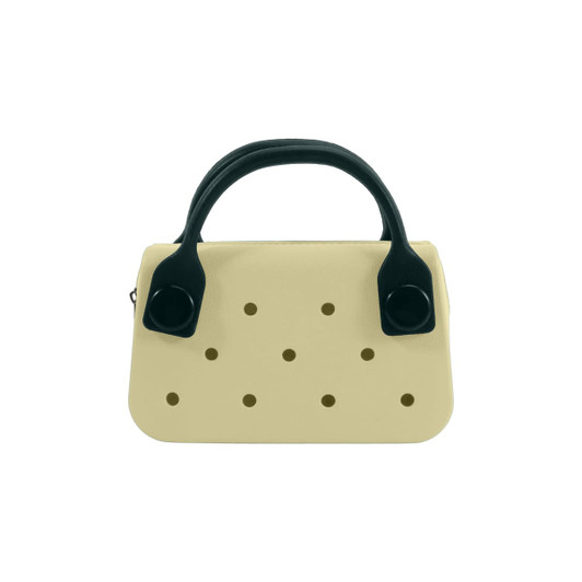 A mini handbag in cream with black handles and ventilation holes. It features a simple, modern design.