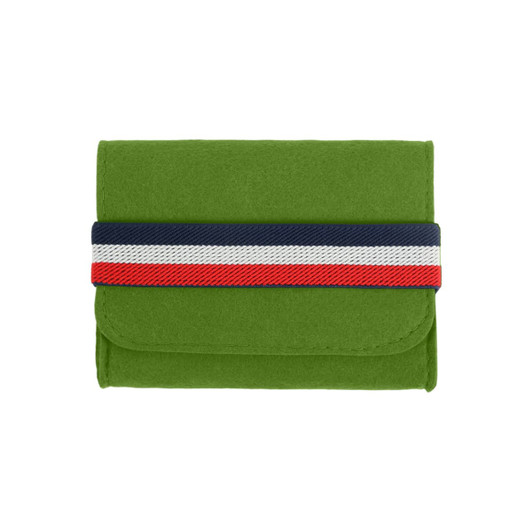 A green felt travel organizer with a striped fabric band in navy, red, and white across the front. It has a logo.