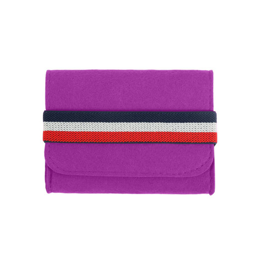 A purple felt travel organiser with a striped elastic band in red, white, and navy. It features a logo.