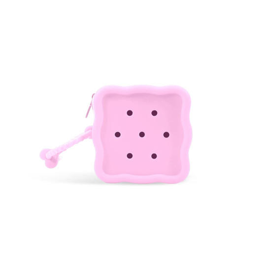 A pink square silicone pouch featuring holes and a textured handle, ideal for storage. It has a small logo on the side.