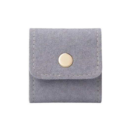 A grey synthetic leather jewellery bag with a gold button closure and stitched detailing.