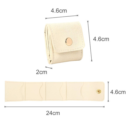 A cream synthetic leather jewellery bag, featuring a foldable design with compartments and a snap button closure.