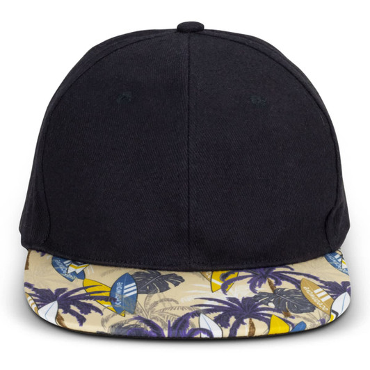 A black flat peak cap featuring a patterned yellow and blue brim, with a logo on the front.