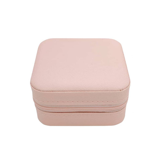 A pink PU leather jewellery box with a textured surface and a zipper closure. It has a simple, compact design.