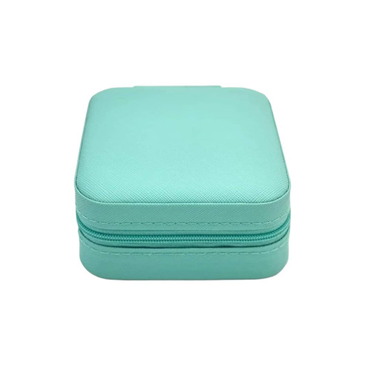 A turquoise PU leather jewellery box with a zippered closure and a textured finish. It features a logo on the surface.