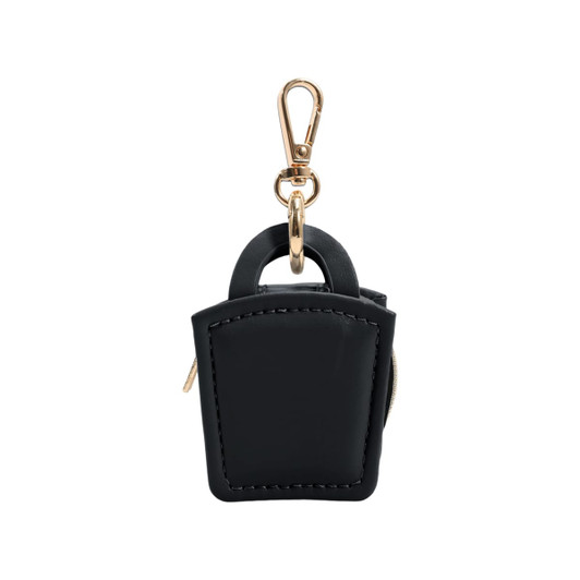 A black mini PU leather jewellery box with a gold clip. It features a small handle and zip closure.