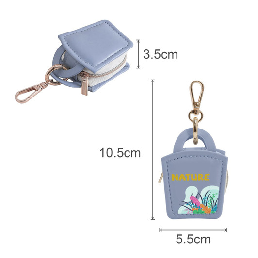 A mini PU leather jewellery box in light blue with a gold clip and floral design, featuring a logo.