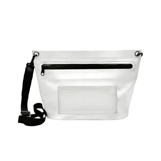 A white PVC crossbody phone bag with a black zipper and strap, featuring a clear pocket on the front.