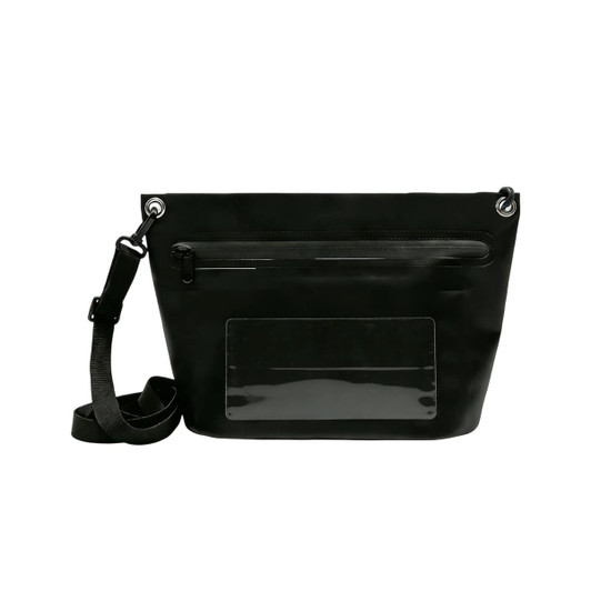 A black PVC crossbody phone bag with a strap and a front pocket. It features a transparent section for identification.
