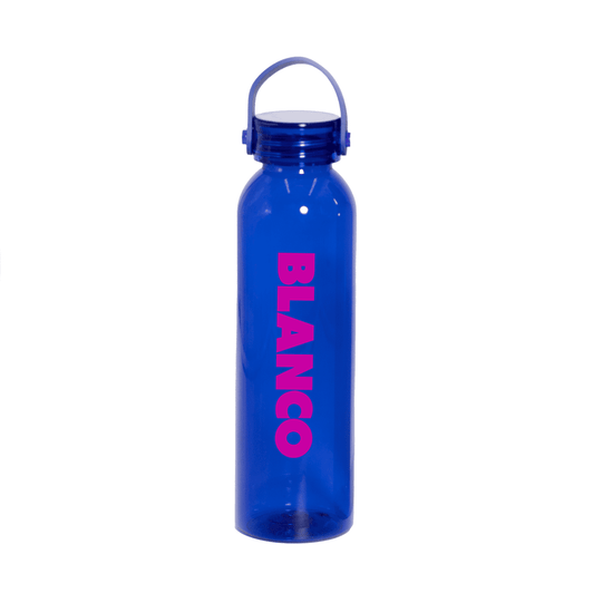 A drink bottle in blue with a pink logo. It has a screw-top lid and a handle for easy carrying.