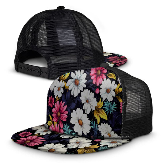 A floral-patterned flat peak mesh cap featuring a black mesh back and a vibrant design of white, pink, and yellow flowers.