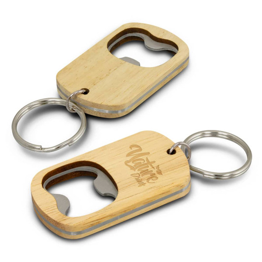A drink bottle opener key ring with a wooden finish and silver metal accents, featuring a logo.