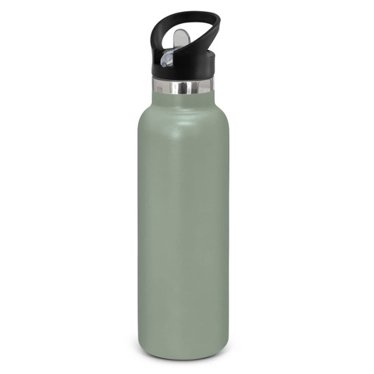 A drink bottle named Nomad Vacuum Bottle in a powder-coated finish, featuring a sleek design and a black lid.