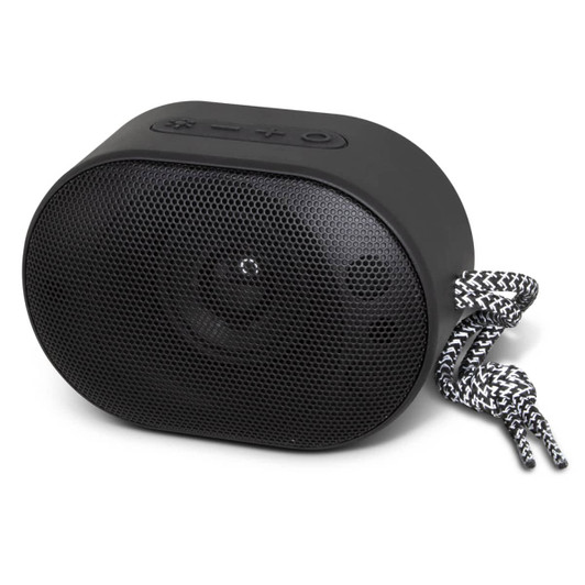 A black outdoor Bluetooth speaker with a mesh front and a patterned strap. It features control buttons on top.