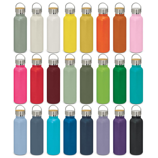 A drink bottle collection featuring various colours, including pink, yellow, green, and blue, with a metal lid and logo.