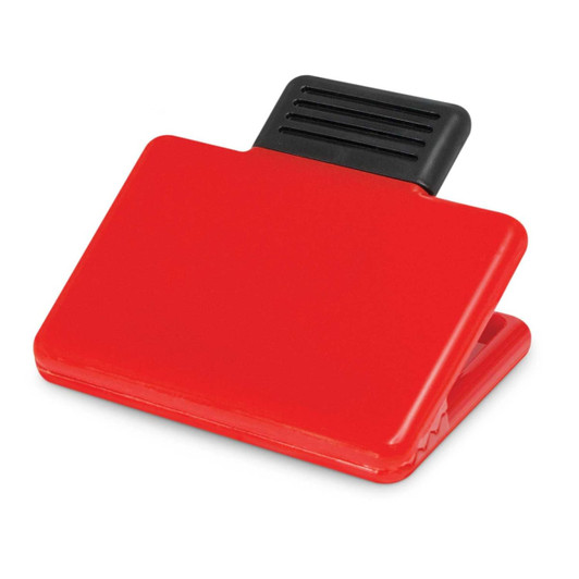 A red Pronto Magnetic Clip with a black grip, designed for holding documents or notes, featuring a logo.